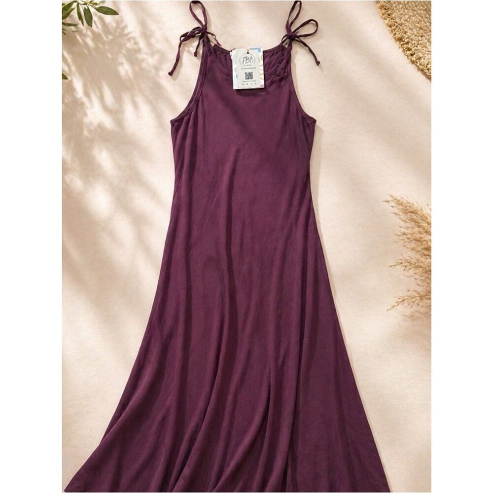 Boho Maxi Dress S/M Organic Viscose Cotton Burgundy Tie Strap Flowy Relaxed Fit - Picture 5 of 9